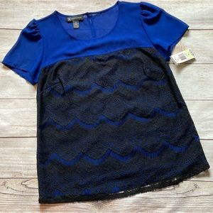 INC International Concepts Lace Short Sleeve Blouse NWT Women’s 4 Blue Black
